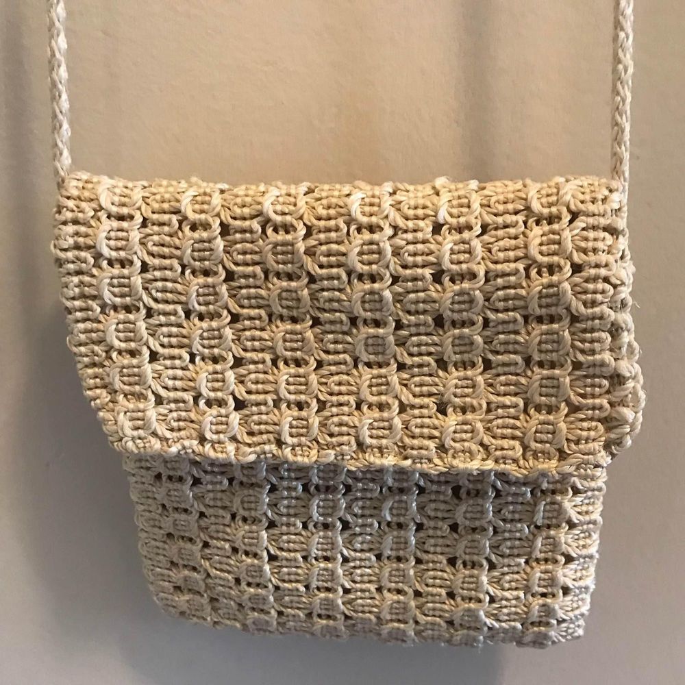 Small Crochet Beige Purse With Long Cord Strap Zipper Closure 5.5 X 5 Inches